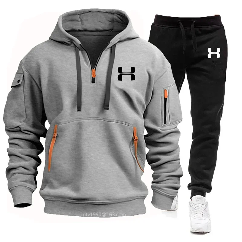 Men new autumn and winter multi-pocket zipper long-sleeved hoodie + sports and leisure pants two-piece fitness jogging suit