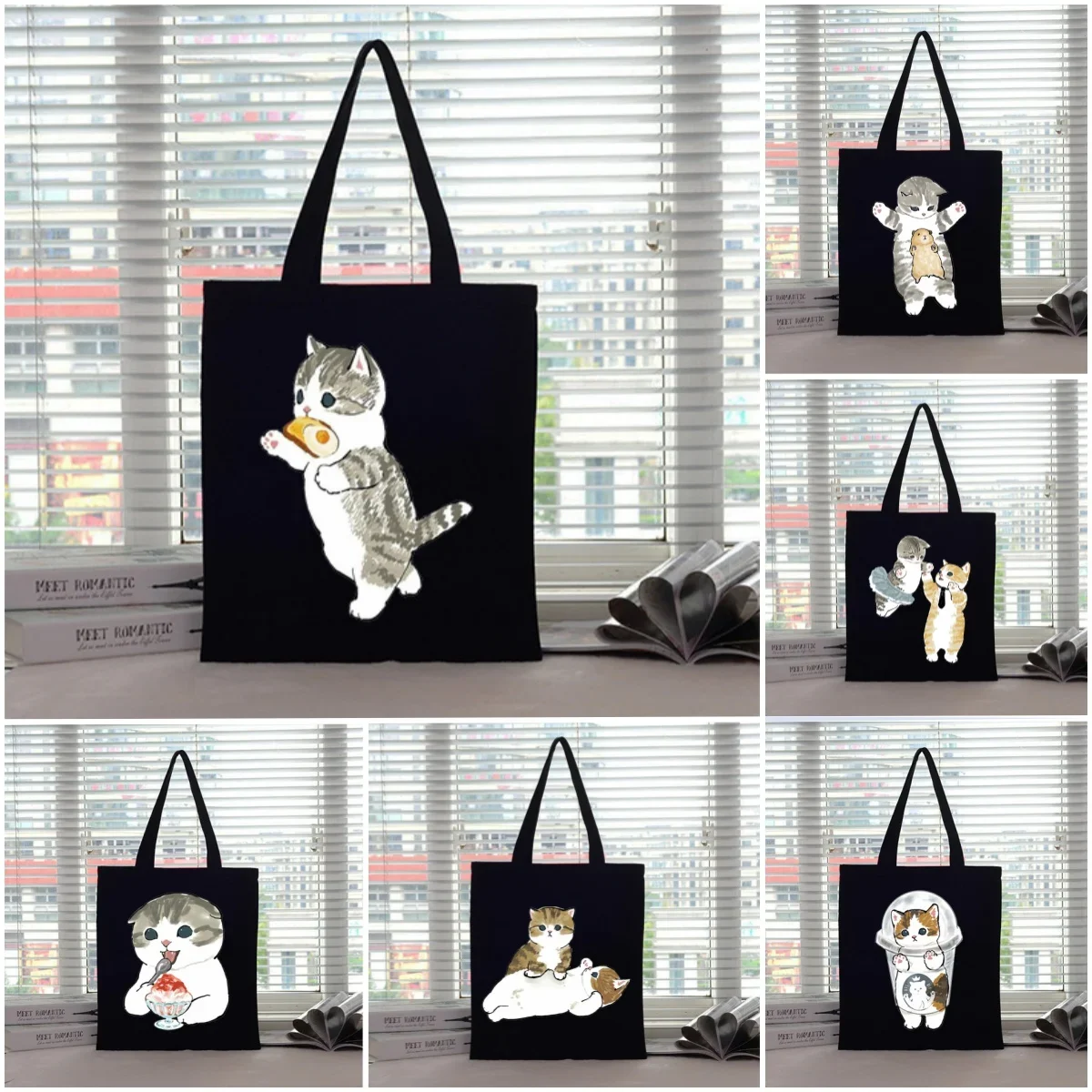 Cute Cat Printed Canvas Bag Tote Bag Harajuku Shoulder Bag Handbag Shopping Bag Women Cute Kitten-Themed Eco-friendly Handbag