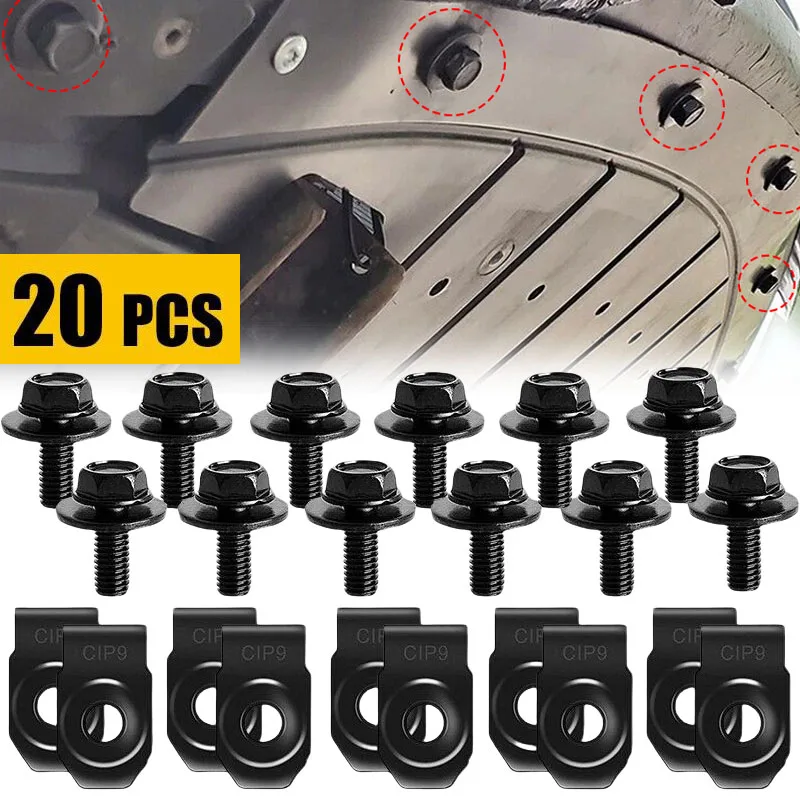 20pcs Car Body Bolts U-nut Clips Engine Cover Undertray Splash Shield Guard Bumper Fender Liner Retainer Fastener Rivet Screws