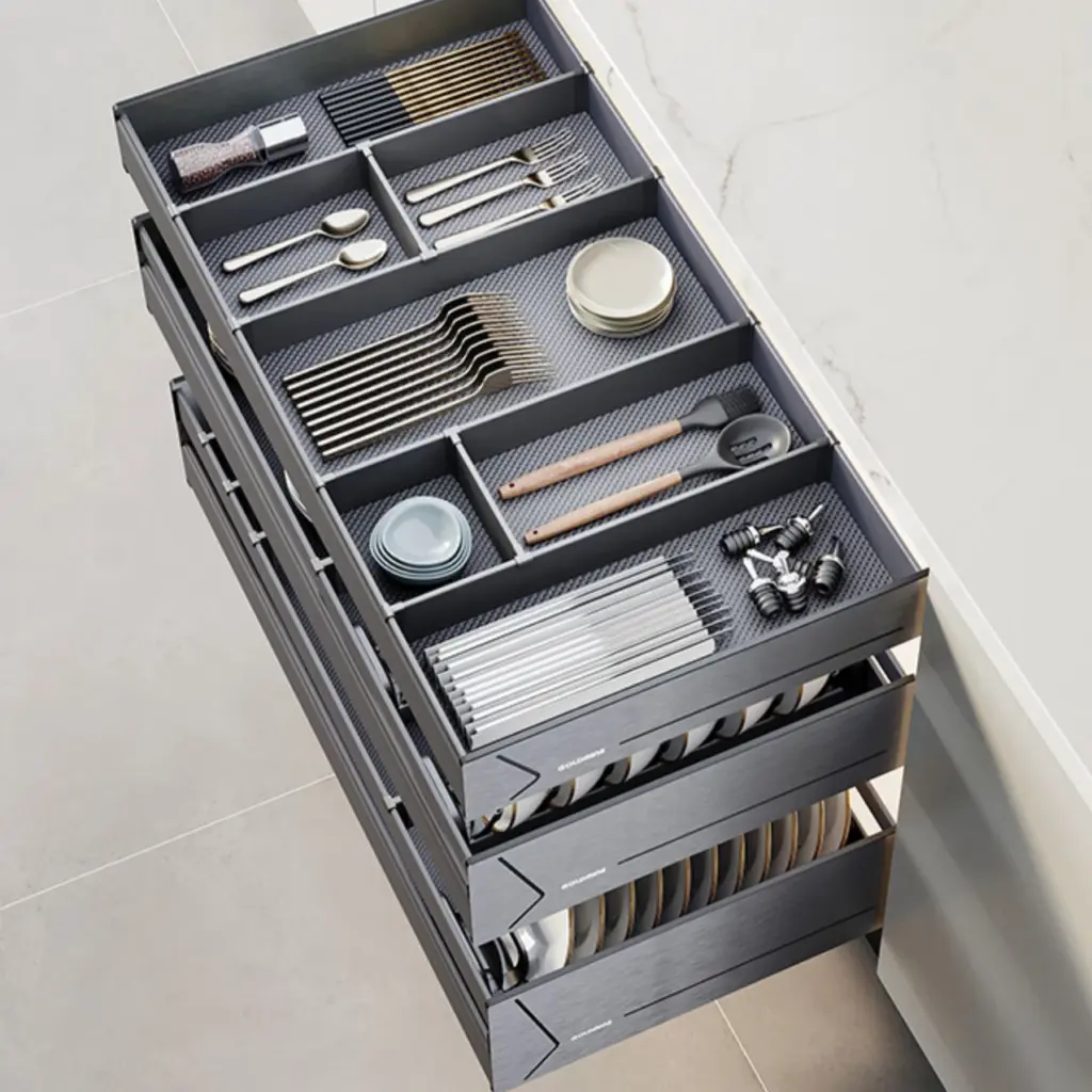 3 Layers Kitchen Cabinet Interior Organizers Pull Out Dish Shelf Multi-function Cutlery Storage Drawer Basket