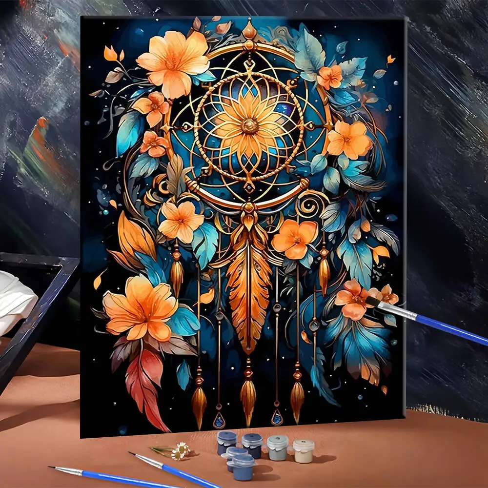 DIY Oil Painting By Numbers Flower Digital Oil Painting Feather Acrylic Paint By Number Adult Kit Dreamcatcher Handpainted Gift