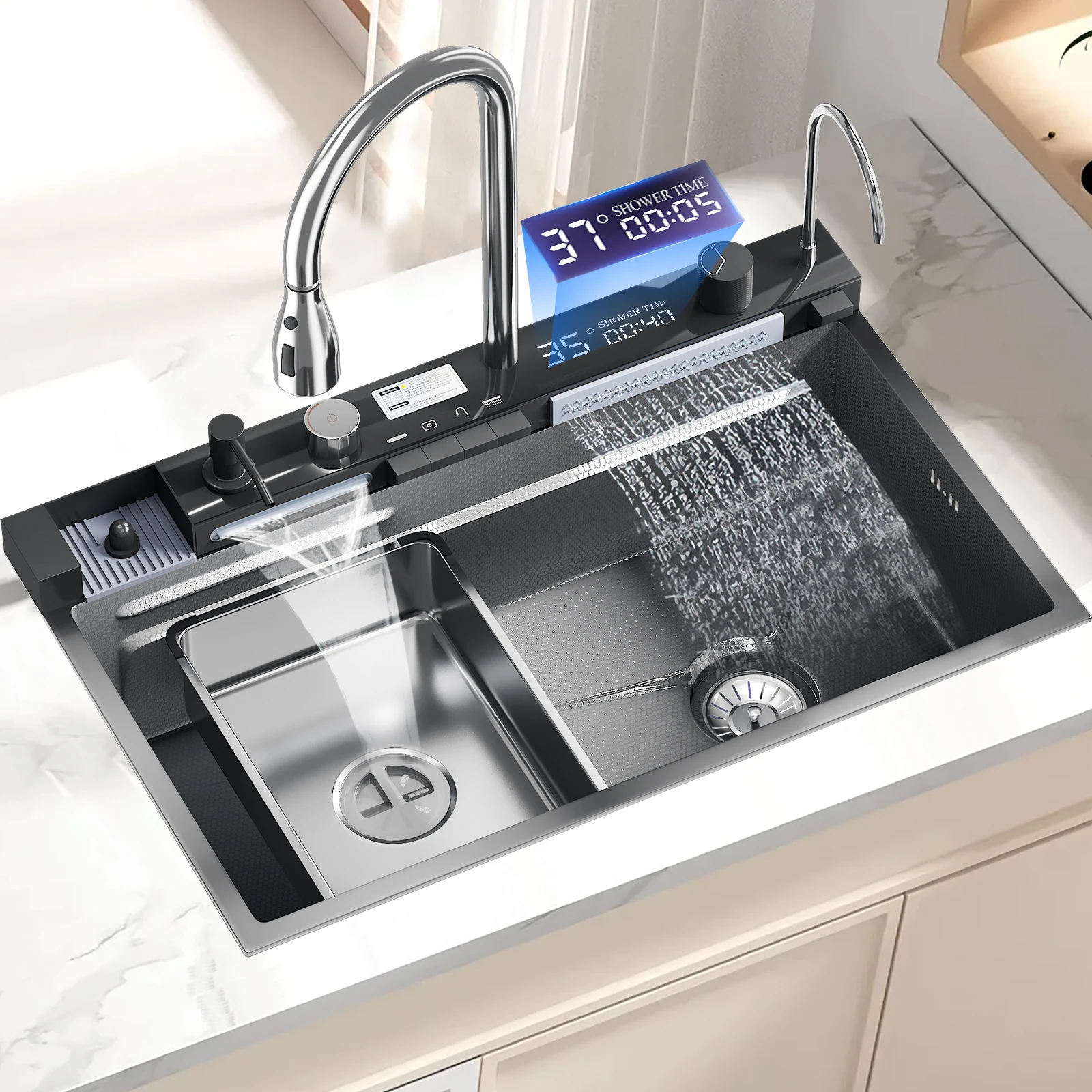 Stainless Steel Waterfall Kitchen Sink 75X46CM Large Single Slot Integrated Digital Display Faucet Set Soap Dispenser Cup Washer