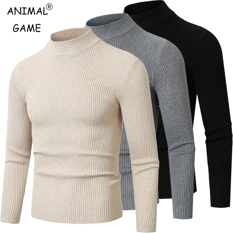 New Men's Fashion Mock Turtleneck Sweaters Long Sleeve Waem Pullover Sweater Winter Slim Fit Stripes Basic Knitted Outdoor wear