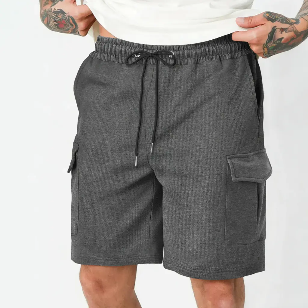 Mens Cargo Shorts Casual Solid Elastic Waist Drawstring Sports Shorts with Multi-pockets for Daily Office Outdoor