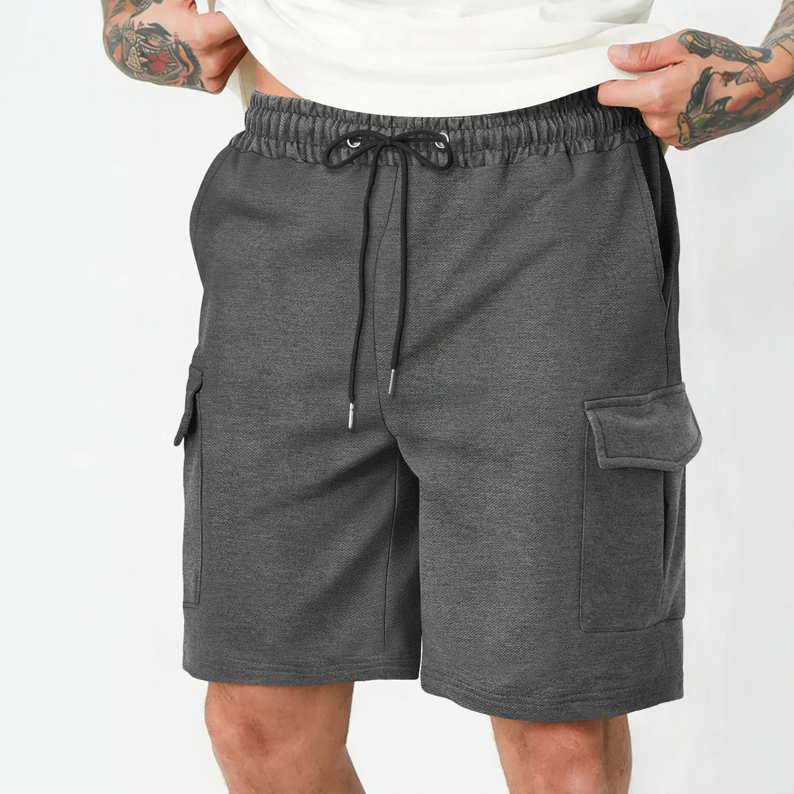 Mens Cargo Shorts Casual Solid Elastic Waist Drawstring Sports Shorts with Multi-pockets for Daily Office Outdoor