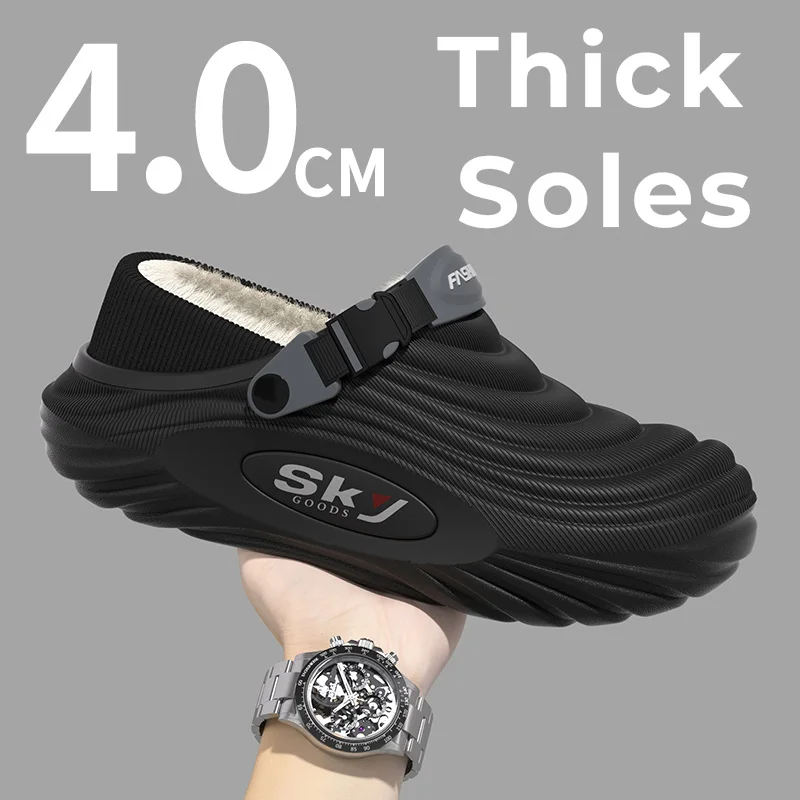 Men's Winter Warm Waterproof EVA Slippers Thick Sole 4CM Anti Slip Fur Lined Indoor Outdoor Shoes For Comfort