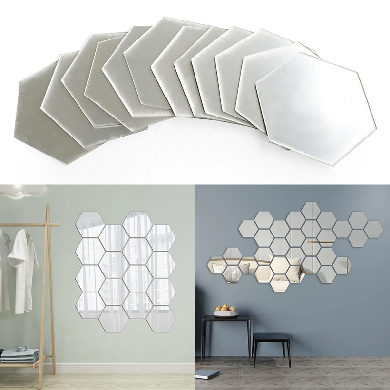 12PCS/Lot Geometric Solid Hexagonal Mirror Wall Stickers DIY With Built-in Adhesive and Removable Home Decoration