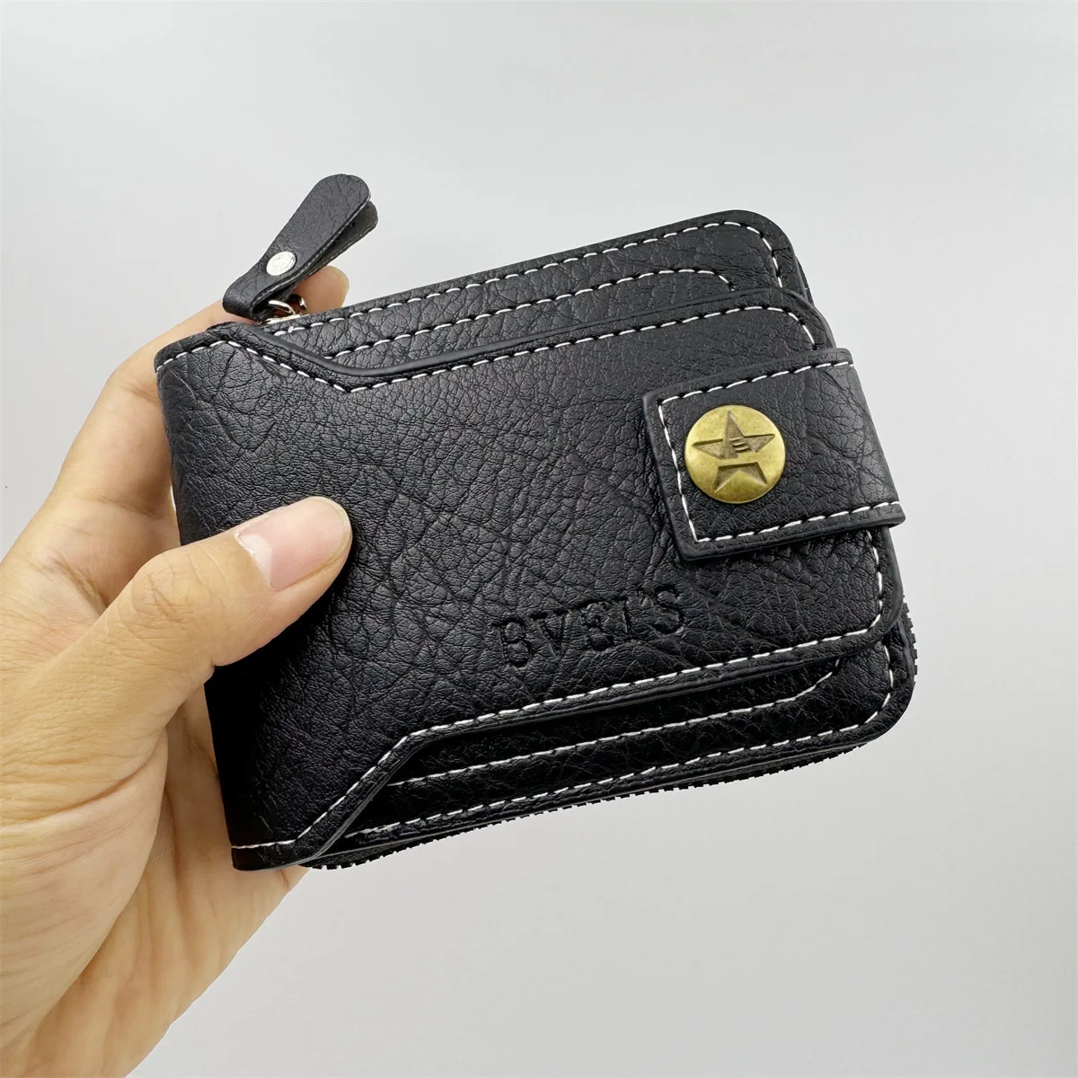 New Men's Wallet Bifold Zipper Wallet Coin Purse Brass Buckle Design PU Leather Short Purse Credit ID Card Holder Clutch Wallets
