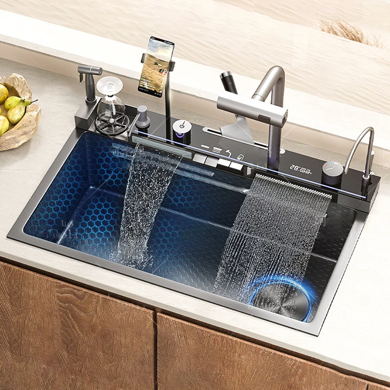 Waterfall Kitchen Sink Single-Slot with intelligent Mobile phone holder Stainless Steel Pull-Out Faucet,Smart Honeycomb embosse
