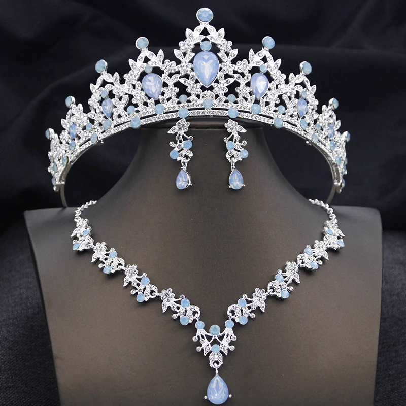 Opal Blue Tiaras Sets Bridal Jewelry Set for Princess Wedding Crown and necklace earring Prom Birthday Dress Costume Accessories
