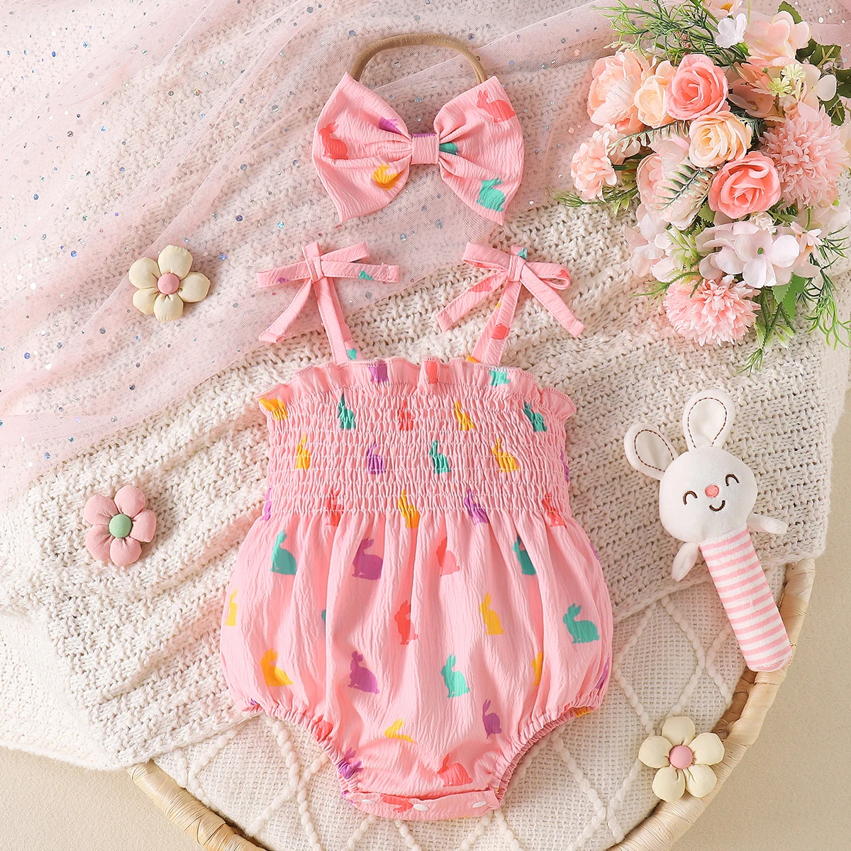 Newborn Baby Girl Rabbit Print Romper Set, Ruffled Sling Bodysuit with Bow Headband, Soft Cotton Summer Outfit for Infant