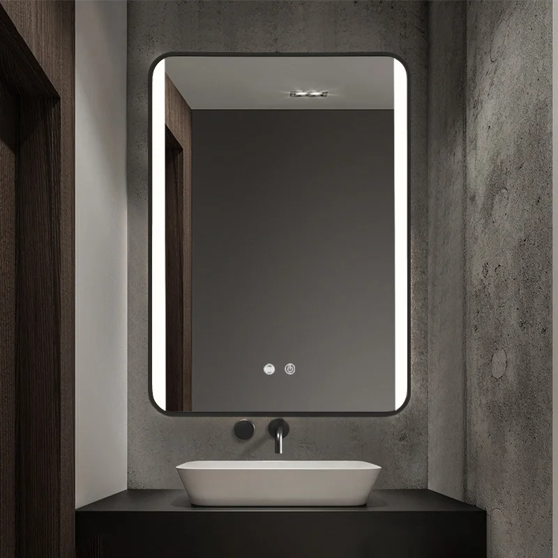 Haodirect Black Frame Rectangular Round Corner Bathroom Mirror with LED Light, Touch Switch Bathroom Vanity Mirror
