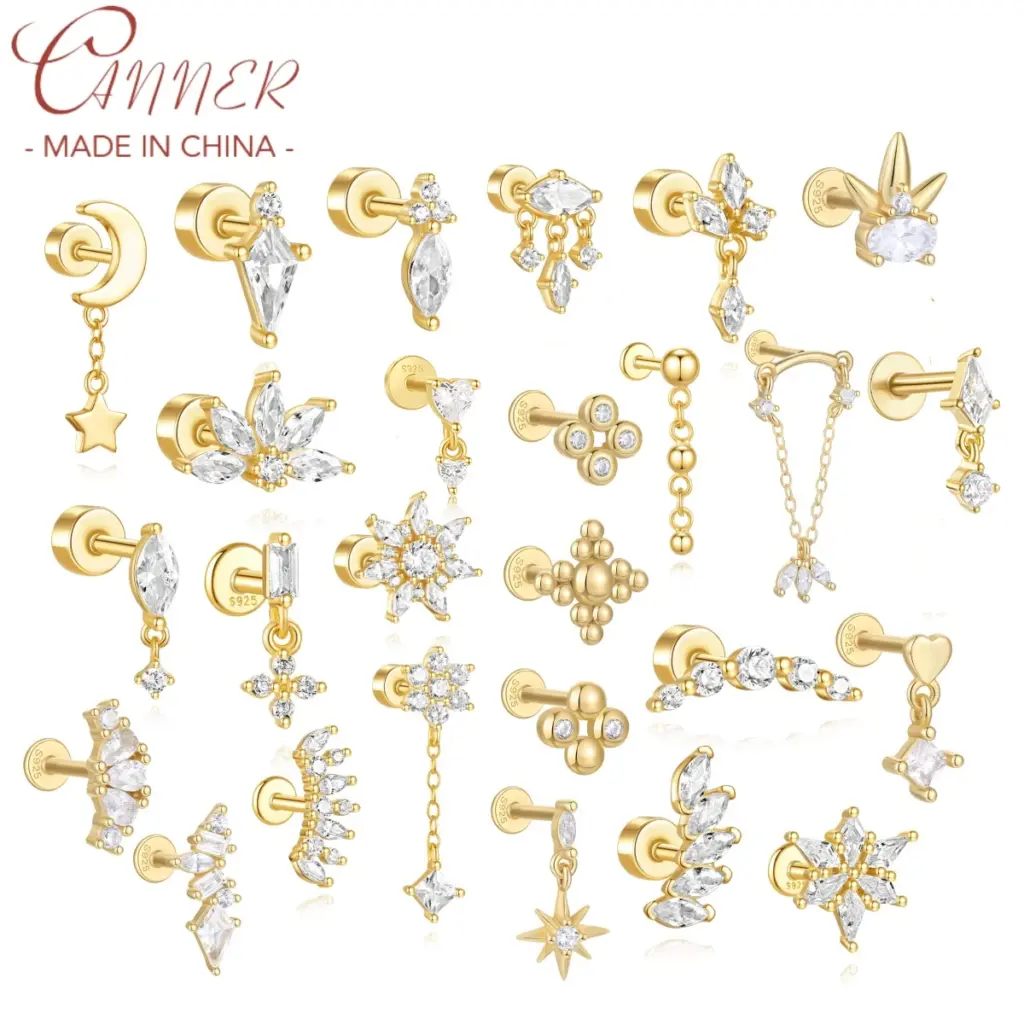 CANNER 1Pc 925 Silver Smooth Stars Moon Stud Earrings For Women 18K Gold Flat Head Threaded Puncture Ear Bone Ins Fine Jewelry