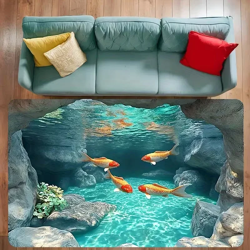 3D Koi Fish Design Mat - Machine Washable Aquatic Theme Rug for Living Room Bedroom Home Decor All Season Use So Fashionable