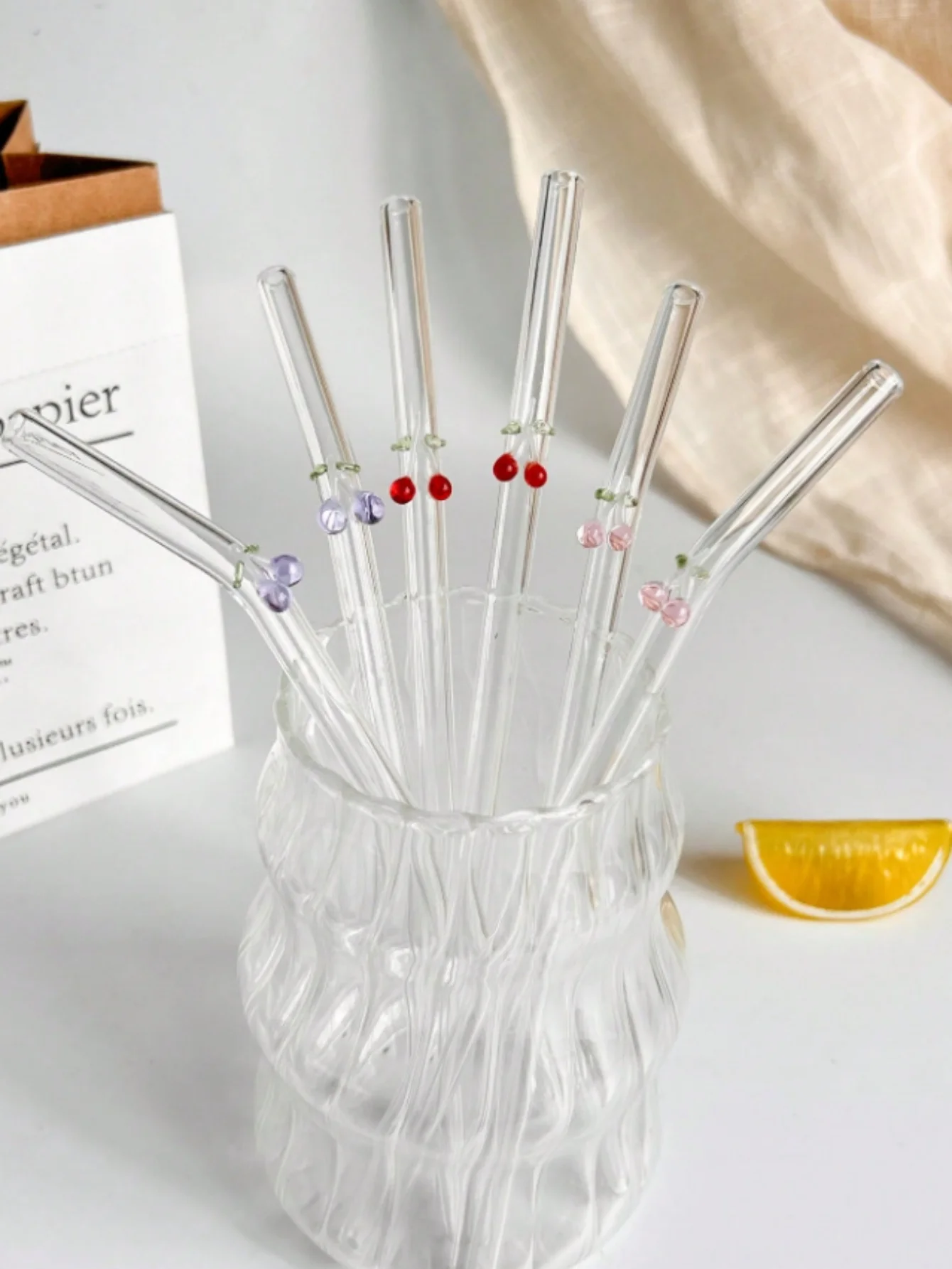 1/3/6PCS Curved Glass Straw with Cherry Design, Reusable Multicolor Glass Straws for Tea, Milk, Kitchen, Restaurant, Party Gifts