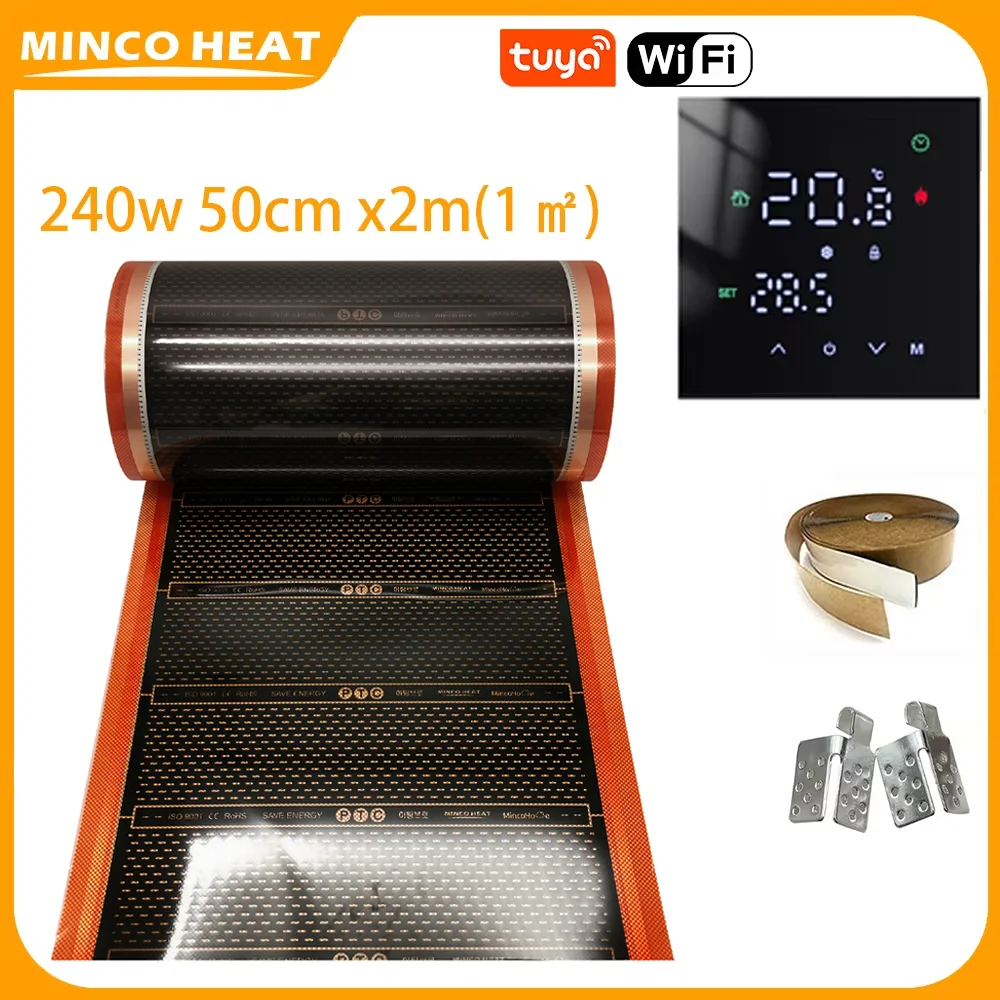 Infrared Graphene Underfloor Heating PTC Heating Film 1 ㎡ AC220V 240w/m2 Kits with Smart WiFi Thermostat Clips Insulation Pastes