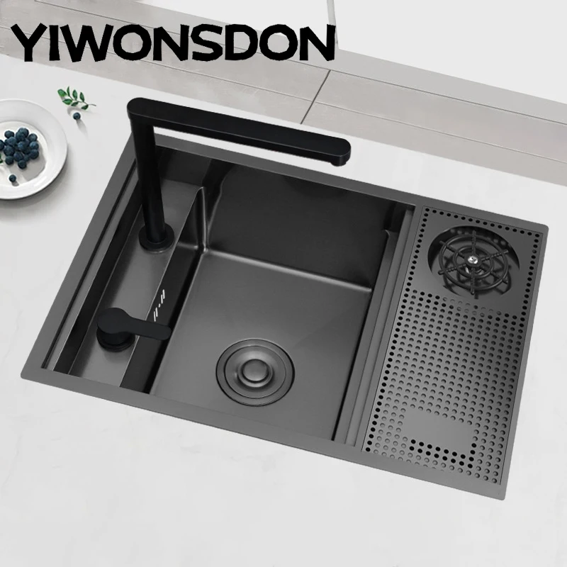 Nano Hidden Bar Kitchen Sink Black Folding Faucet Cup Washer Mini Single Bowl Basin Stainless Steel Soap Dispenser Accessories