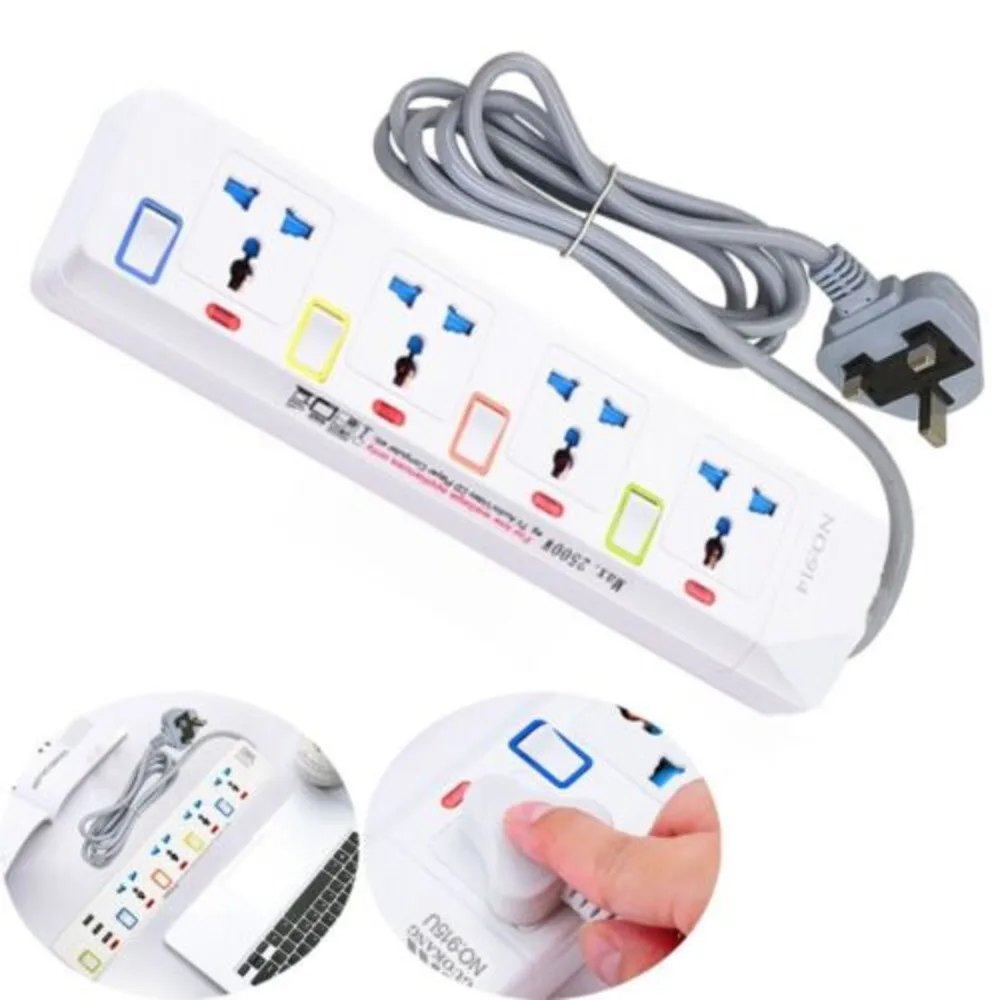 2M Extension Cable Electric Mains Power 4 Gang Way Plug Socket With Switch Tools