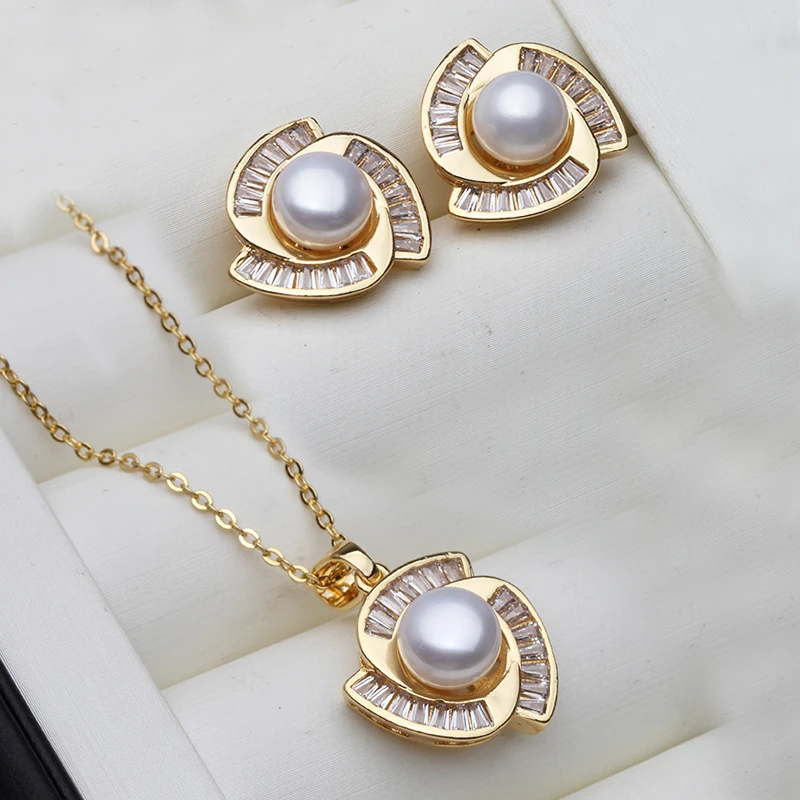 Real Natural Freshwater Set With Pearl Earrings And Necklace Woman,Gold Plated Pearl Set Wife Mother Gift Whife Pink Gray Black