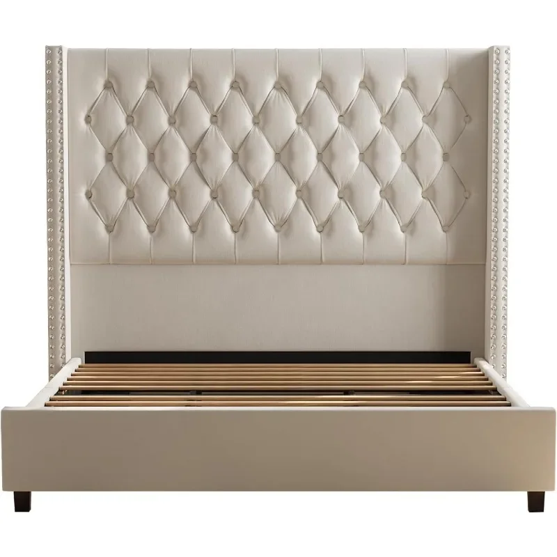 #ll # Tall Headboard King Bed Frame/Deep Button Tufted/No Box Spring Needed Q