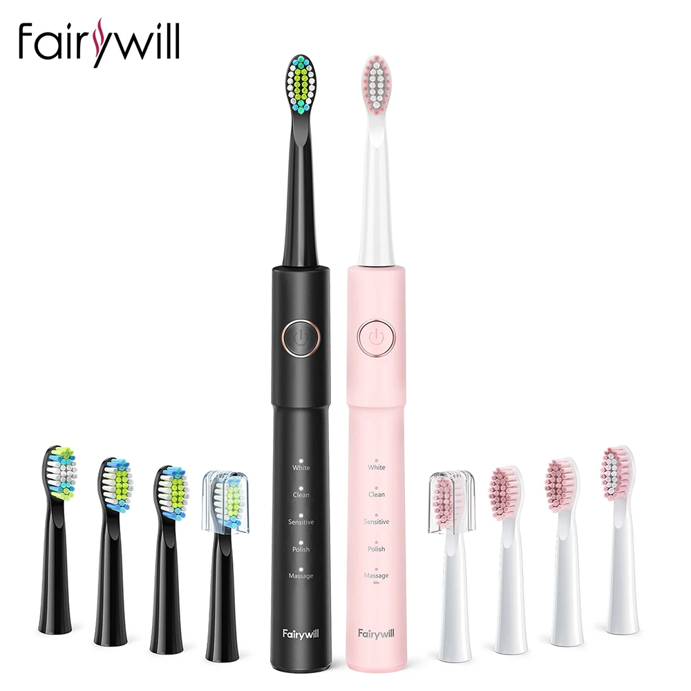 Fairywill Sonic Electric Toothbrush E11 Waterproof USB Charge With 8 Brush Replacement Heads Black and Pink Set for Couple