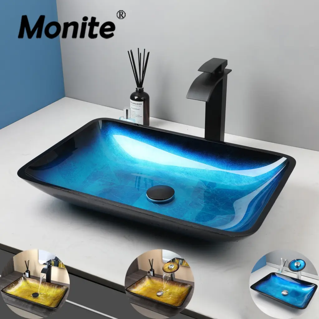 Monite Tempered Glass Bathroom Vessel Sink Faucet Set Square Countertop Washbasin Brass Tap Pop Up Drain Combo Art Sink Kit