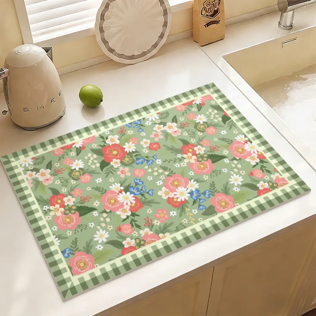 Pastoral Floral Absorbent Kitchen Mat Super Water-Absorbent Sink Rug Non-Slip Easy-Clean