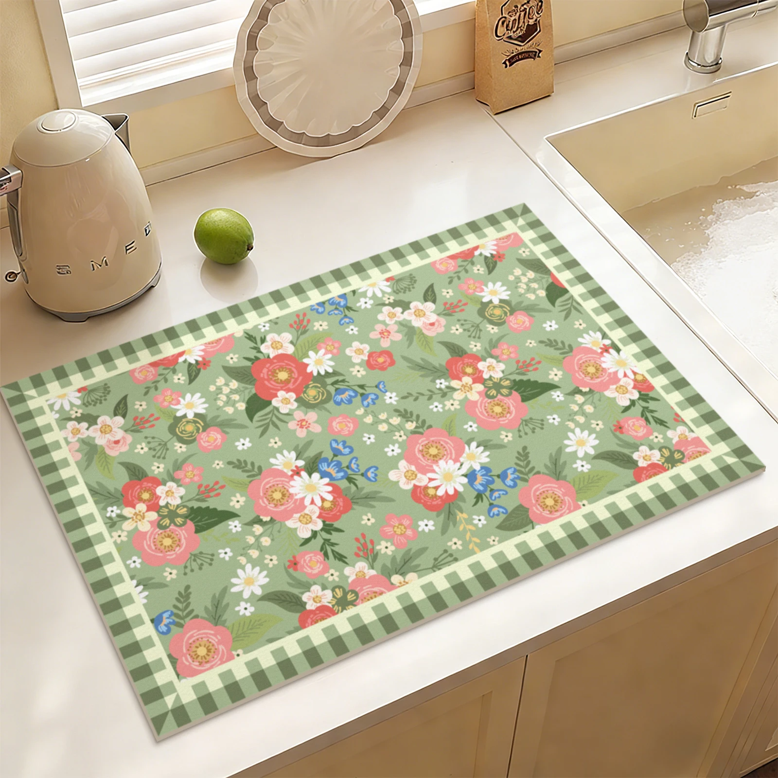 Pastoral Floral Absorbent Kitchen Mat Super Water-Absorbent Sink Rug Non-Slip Easy-Clean