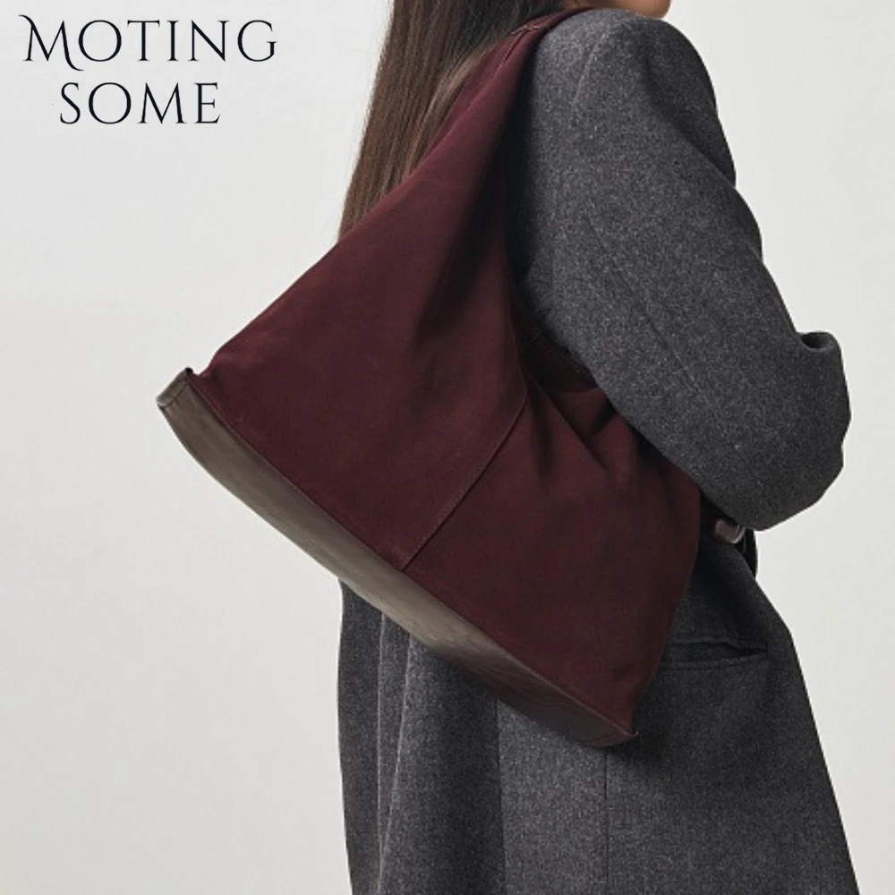 Motingsome Oversized 42cm Women Suede Bag Luxury Saddle Purses 100% Natural Suede Leather Causal Tote Rommy Commuting Purse 2024