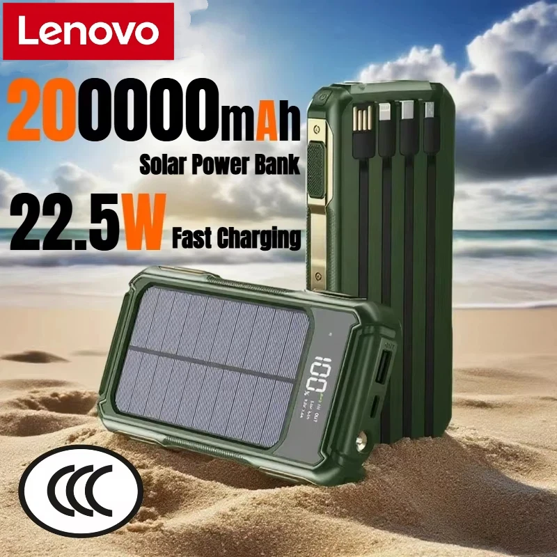 Lenovo 200000mAh Large Capacity Solar Power Bank 4 in1 Built in Cable Intelligent Digital Display Laser Light for Samsung iPhone