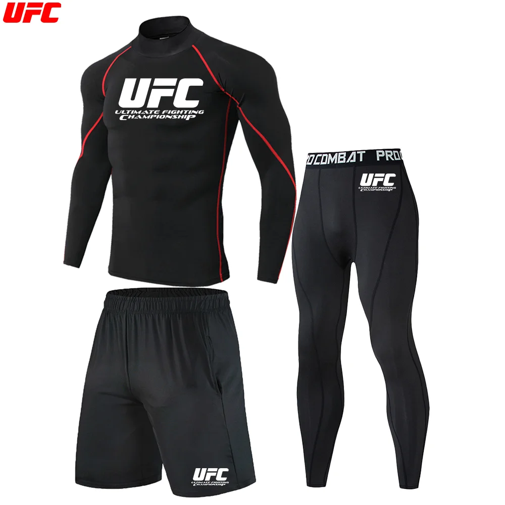 UFC High Neck MMA Rashguard Jiu Jitsu Tshirt+Pants Boxing Jerseys Running Set+Muay Thai Shorts Compression Legging Sportsuit Men