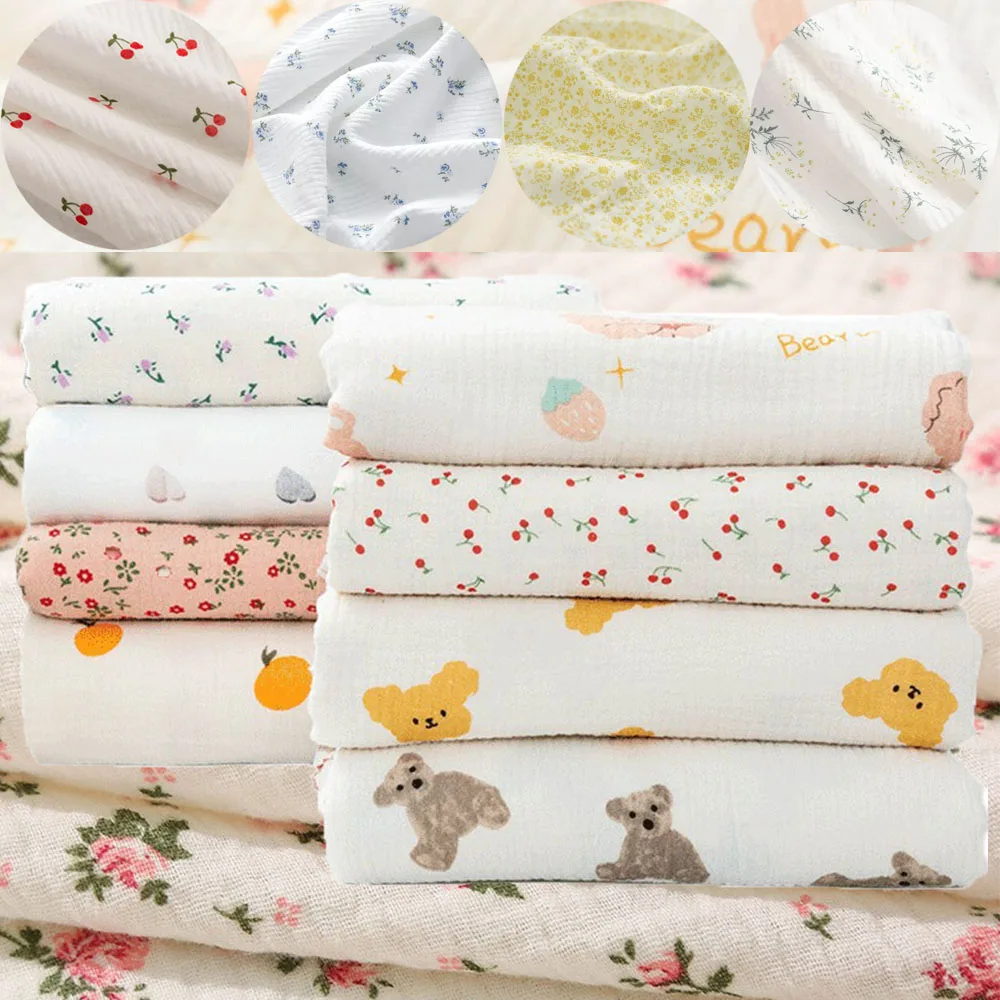 130x50cm Rose Yellow Flower Print 100% Cotton Double-Layer Crepe Fabric For Apparel Bed Sheet Quilting DIY Sewing Craft Material