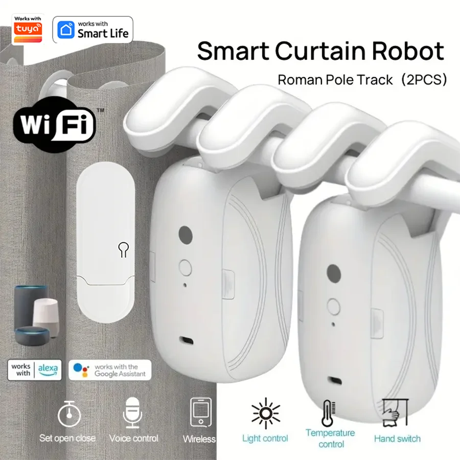 1/2pcs Smart WiFi Curtain Robot with Wi-Fi Gateway, APP Remote Control, Automatic Opening Hand Pull Start，Compatible with Alexa