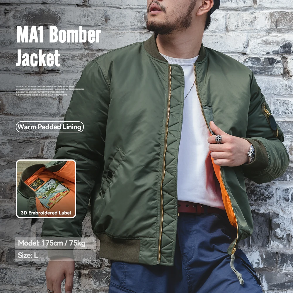 Maden Vintage MA1 Pilot Jacket Green Thickened Cotton-padded Jacket Casual Baseball Pockets Flight Zipper Outwear for Men's Fall