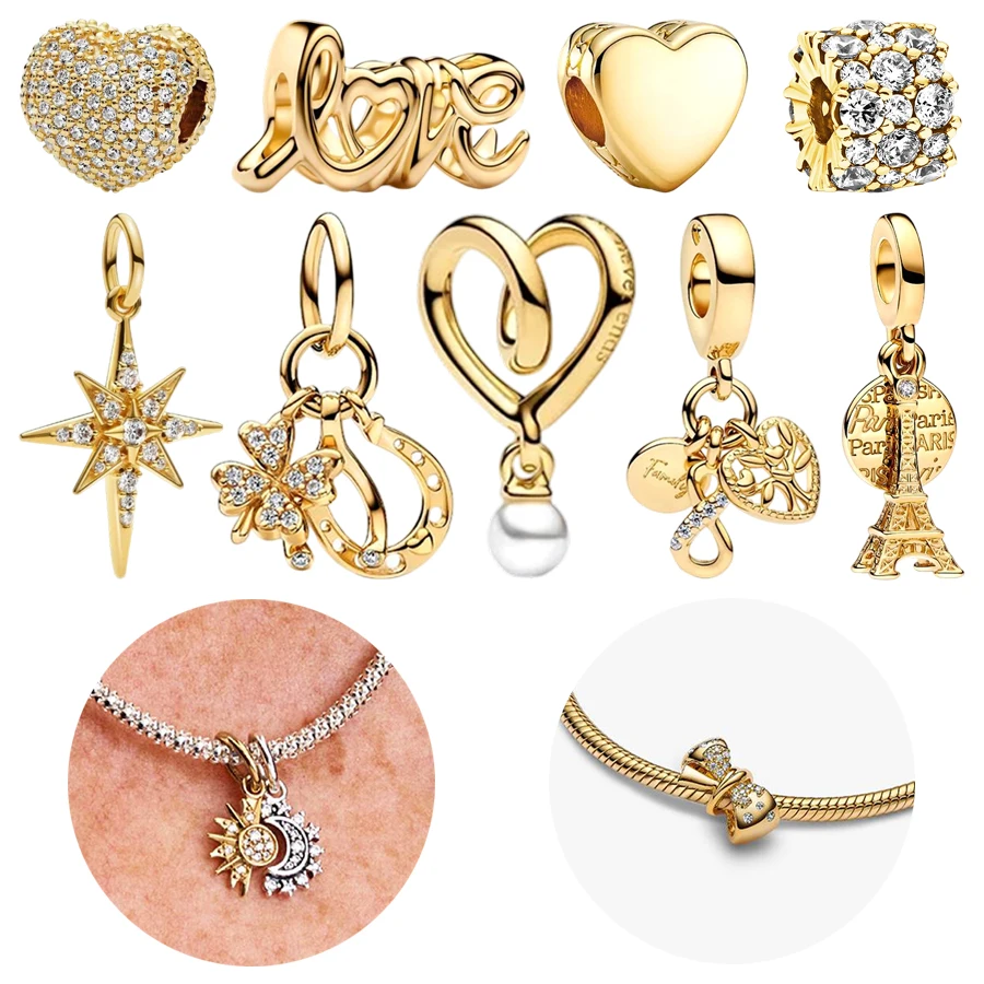 DIY Jewelry Gift Sparkling Gold North Star Handwritten Love Sun & Moon Hearts Clip Charms Fit Original 925 Silver Bracelet Beads