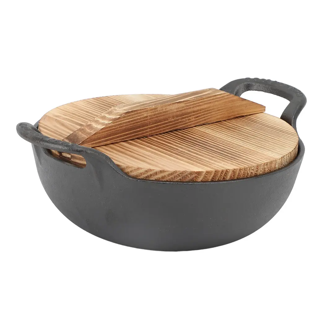 Cast Iron Wok Wooden Lid Flat Base 2 Loop Handle Even Heat Multifunctional Stir Fry Pan for Kitchen