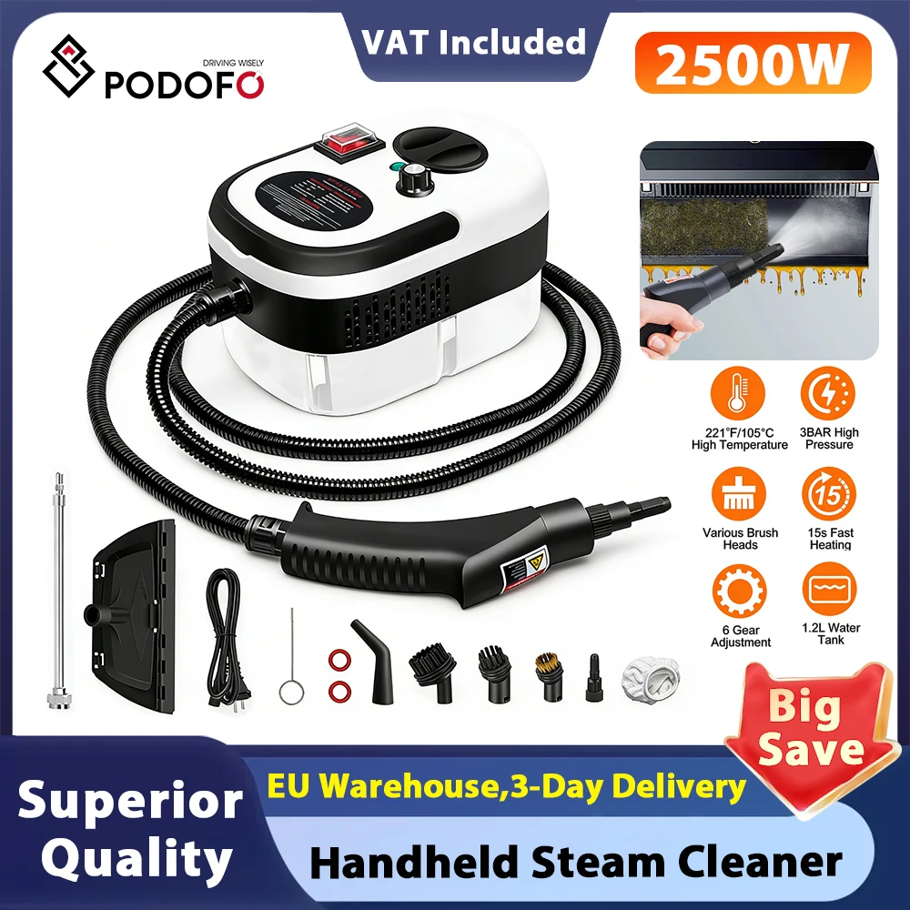 Podofo 2500W Handheld High Temp Steam Cleaners Car Air Conditioner Kitchen Hood Floor Multi-Purpose Cleaning Machine