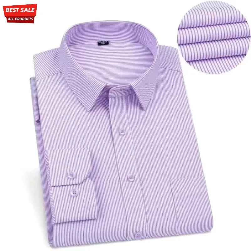 Striped Plaid Checked Men's Business Casual Shirts Regular Fit Long Sleeve White Blue Cotton Social Work Dress Shirts KOACUS