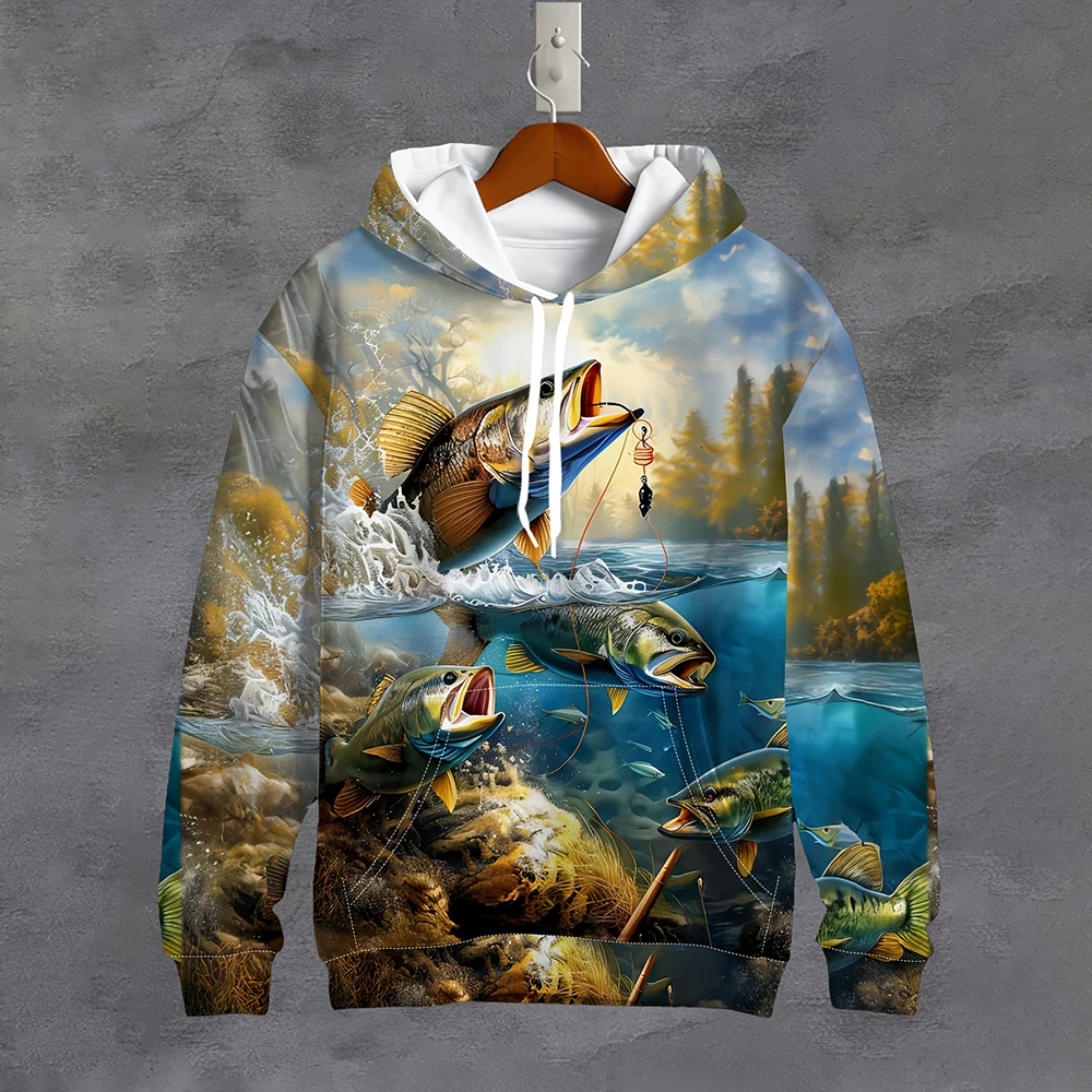 2025 New Fashion Men's Hoodies Fishing Print Outdoors Long Sleeves Casual Loose Hoodies Sweatshirts Y2K Men's Clothing Tops