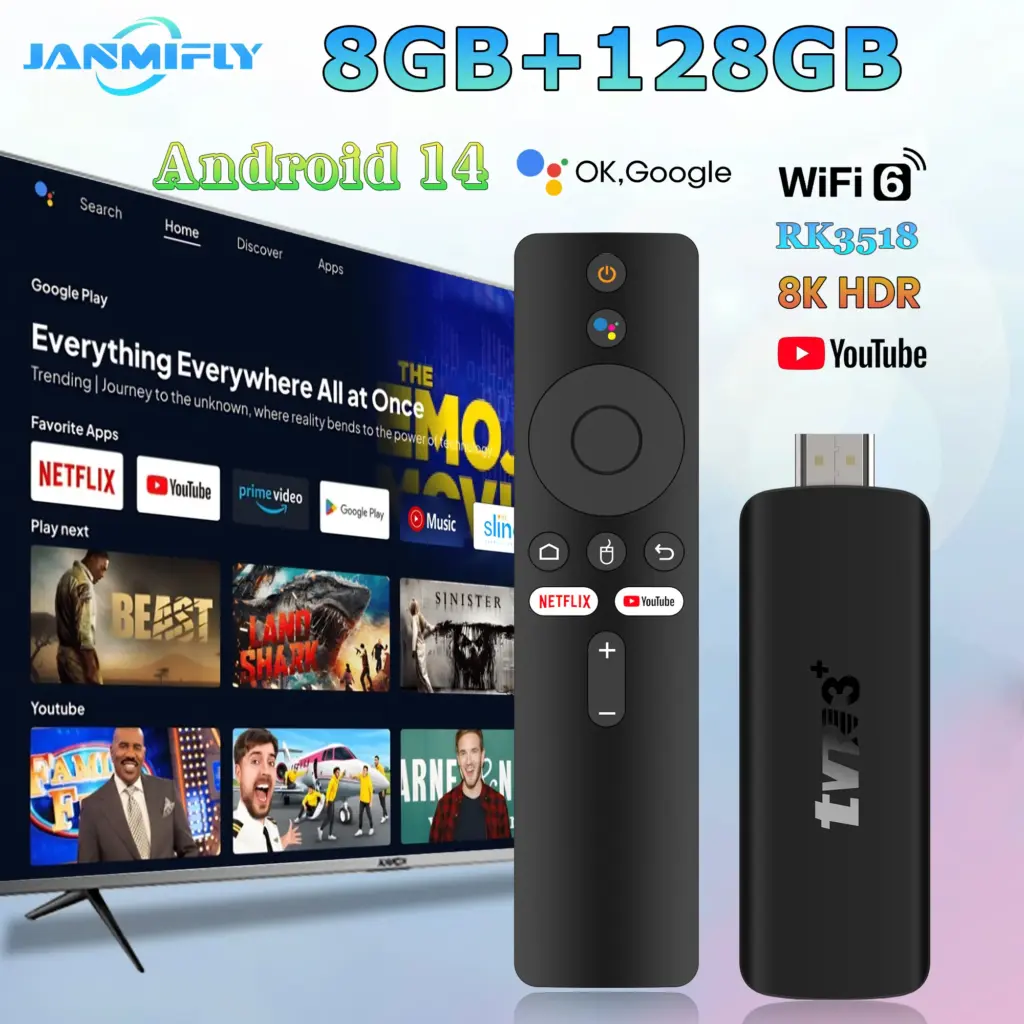 2026 TVR3+ Dual UI interface TV Stick 8K HD WIFI 6 Android 14.0 RK3518 Quad Core 8GB RAM 128GB ROM Home Theater Media Player