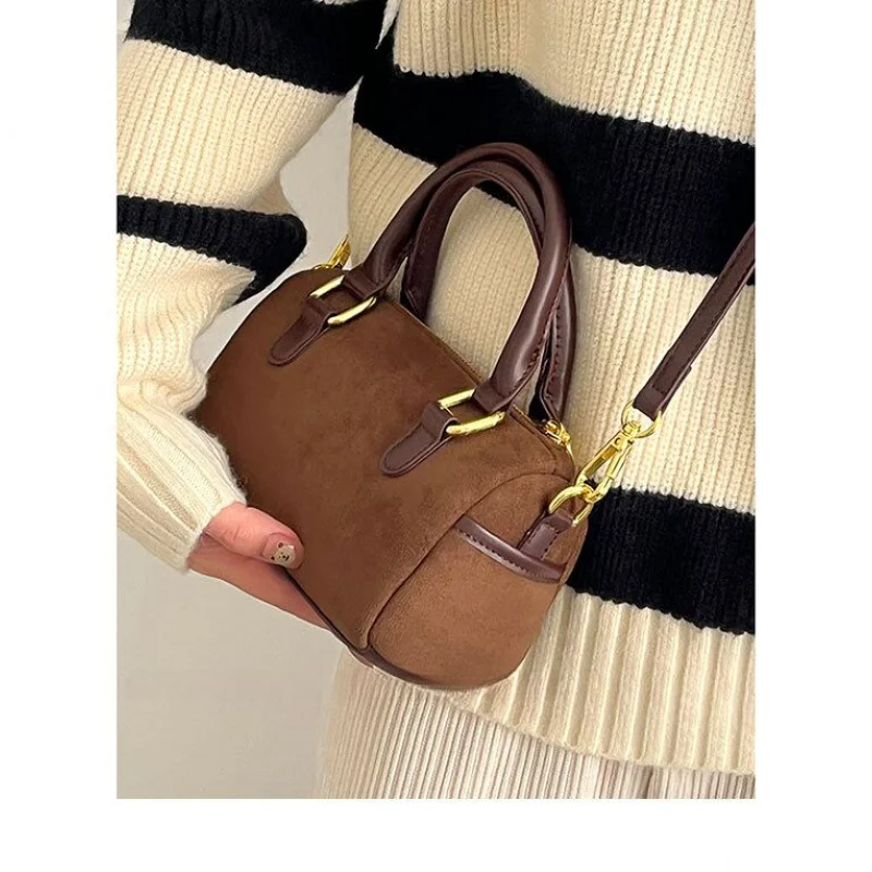 Fashionable Simple Vintage Faux Suede Versatile One Shoulder Crossbody Bag Pillow Bag Boston Handheld Women's Small Bag