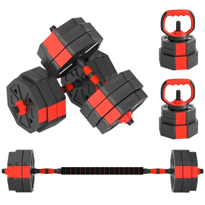 4-in-1 Adjustable Weight Dumbbells Set, Used as Kettlebell, Barbell, Dumbbell, Push-Up Stand, 30kg Free Weights , Red