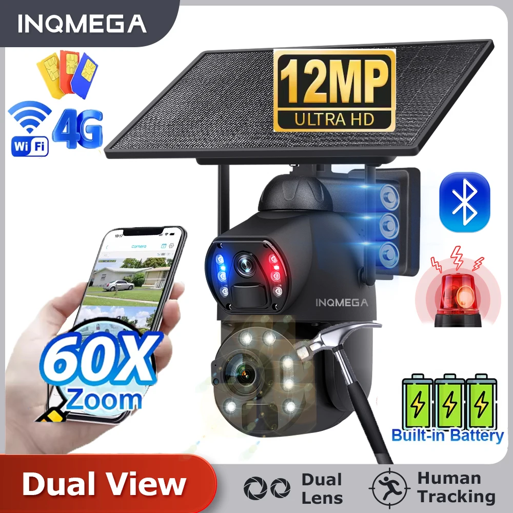 INQMEGA 6K 12MP 60X Zoom 4G Solar Camera Dual Lens Dual Screen Human Detect Auto Tracking Outdoor 10W Solar Panel Metal casing