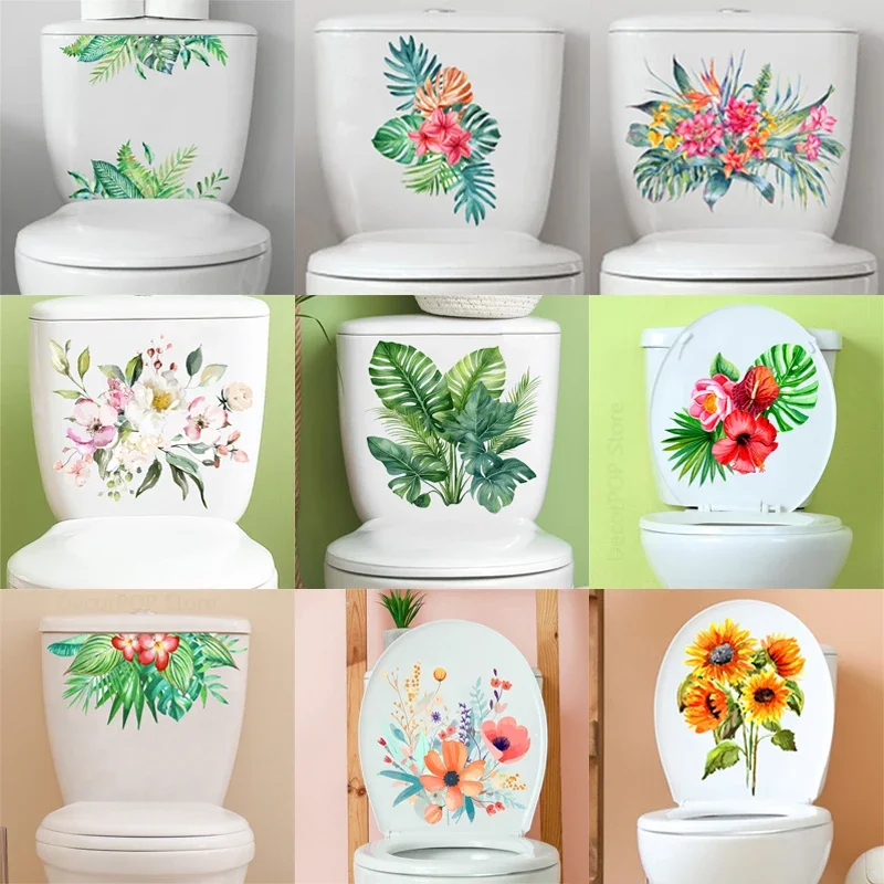 Watercolor Flower Series Tropical Plants Leaves Wall Stickers Bathroom Toilet Sticker PVC Mural Floral Home Decoration Decals