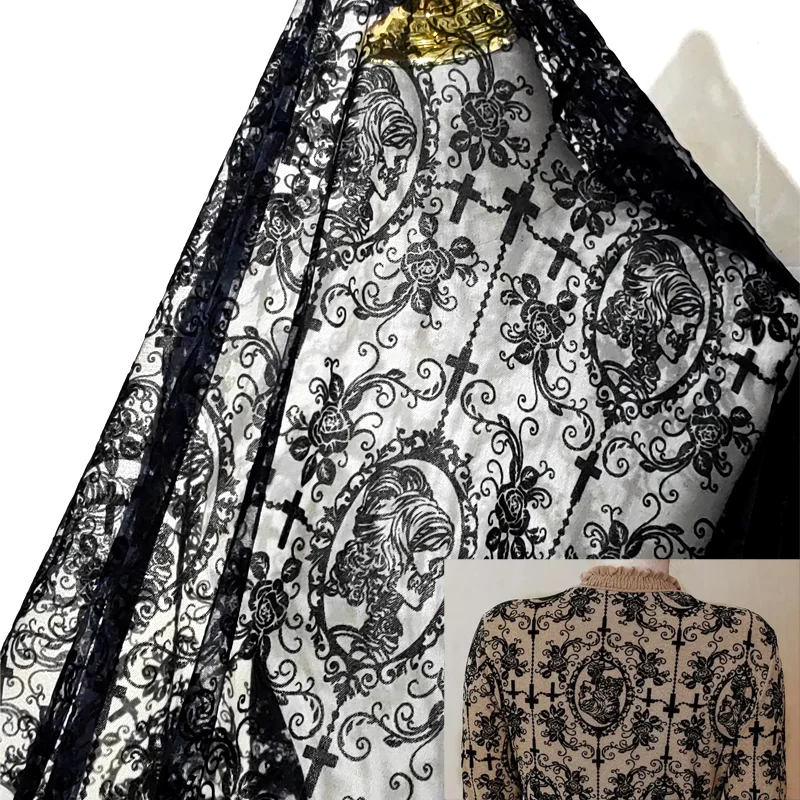 150x50cm Gothic Lolita Black Lace Mesh Cloth DIY women's Background Decoration Hand Sewing Accessories Lace Flocking Fabric