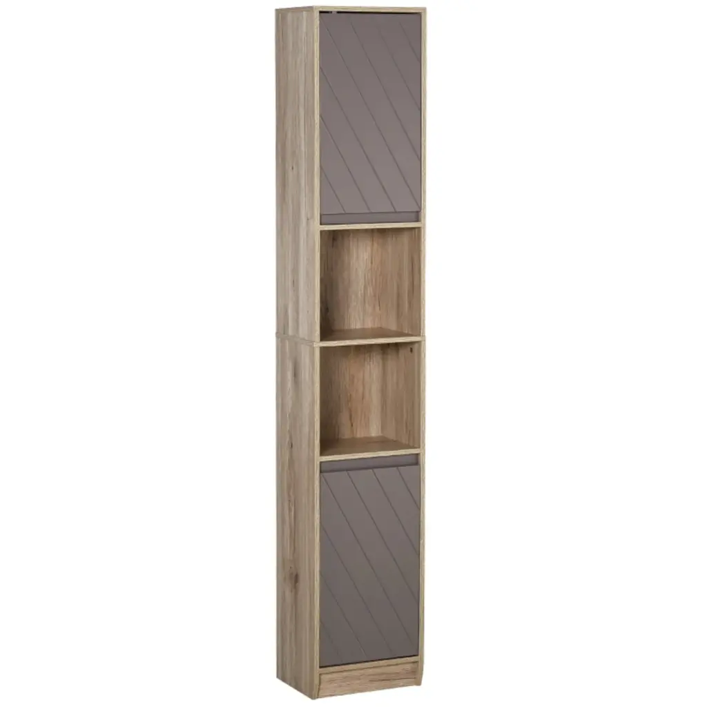 Narrow Bathroom Cabinet,with Open Compartment,Freestanding Storage Cupboard with Adjustable Shelves,Grey and Oak ﻿