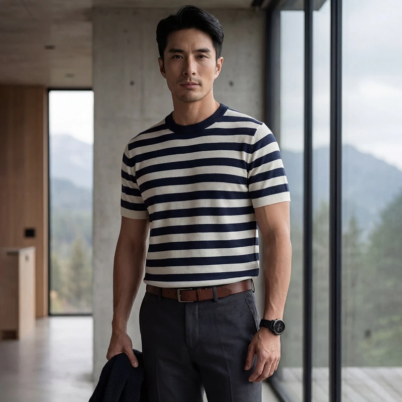 Men's 100% cashmere T-shirt business casual striped knitted sweater short sleeved round neck Tees18 needle spun Tops Blouse