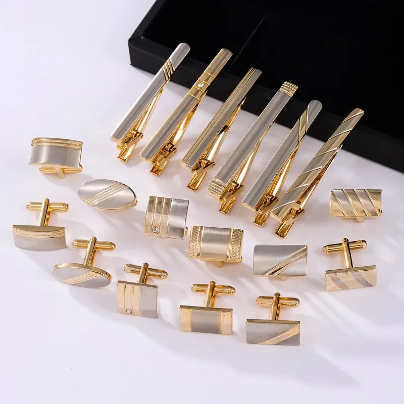High-end Gold Color Cufflink Tie Clip Set Cufflink Shirt Collar Clip Men's Business Luxulry Jewelry Wedding Accessories