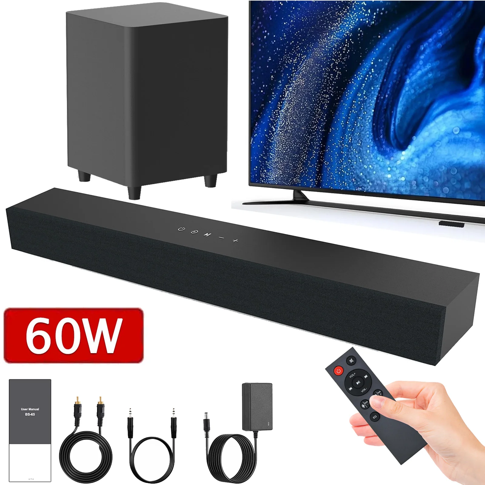 60W TV SoundBar 2.1 Bluetooth Speaker 5.0 Home Theater System 3D Surround Sound Bar Remote Control With Subwoofer For TV