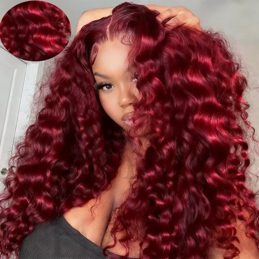 Deep Wave #99J Burgundy 13x6 HD Lace Frontal Wig 100% Human Hair 13x4 Curly Transparent Lace Front Wig Brazilian Human Hair Wig
